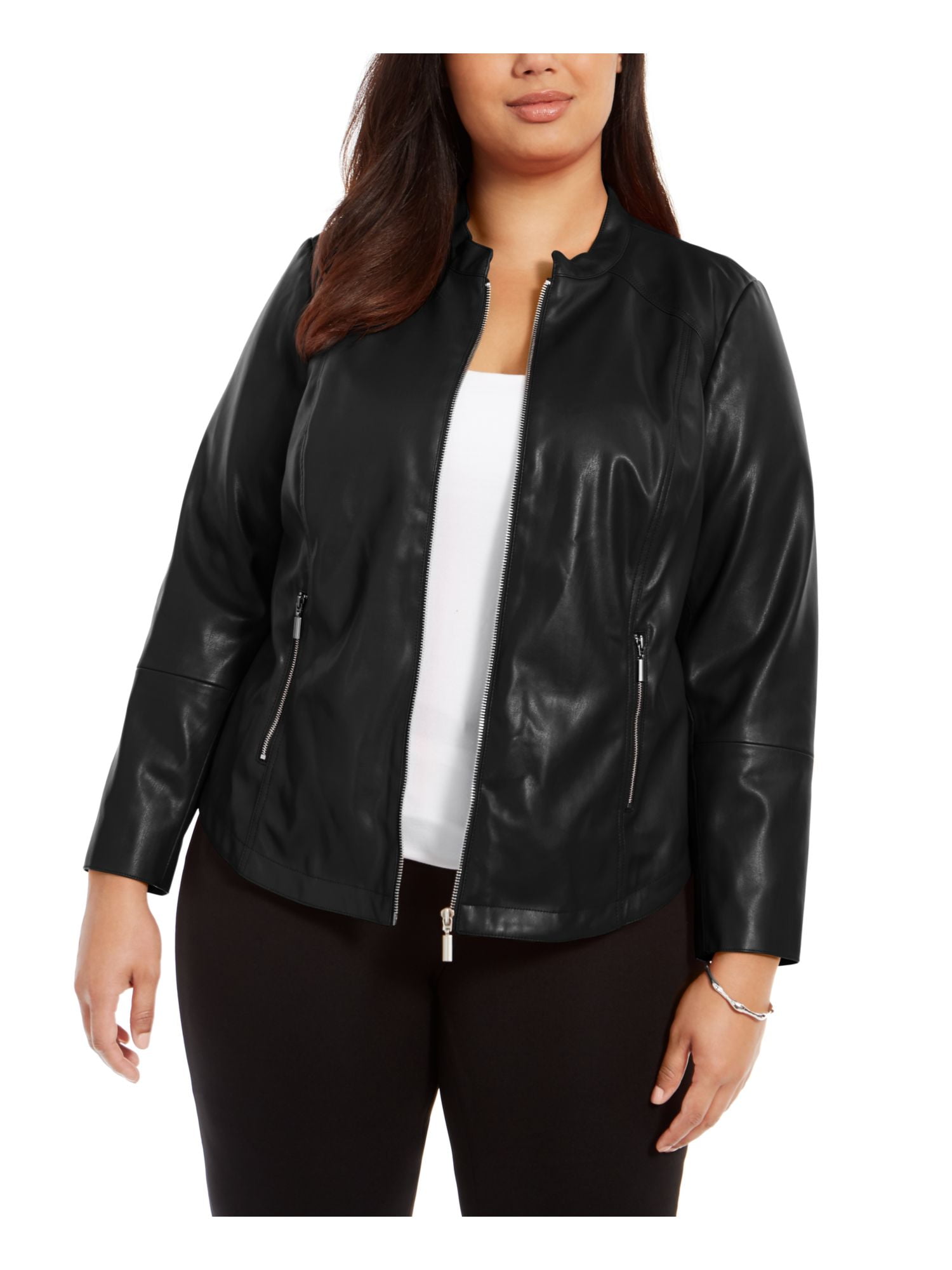Alfani - ALFANI Womens Black Faux Leather Zip Up Jacket Size 3X ...