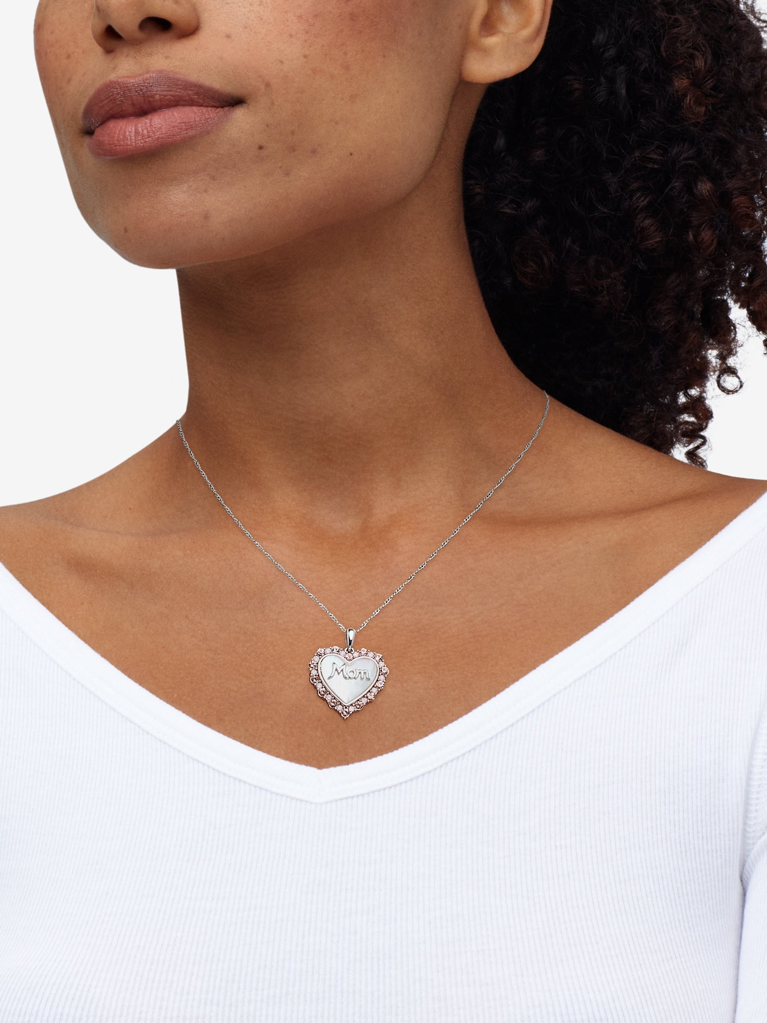 Brilliance Fine Jewelry Mother of Pearl Crystal Mom Heart Pendant in Sterling Silver