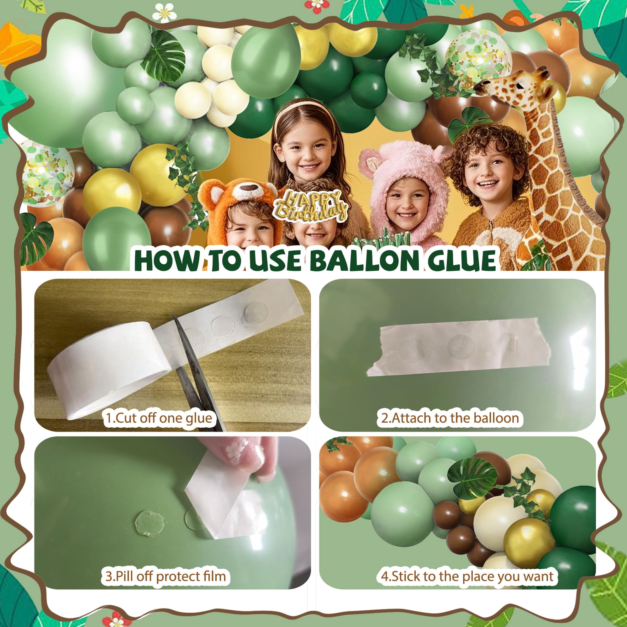 Safari Balloon Arch Kit Green Brown Jungle Garland with Animal Print Balloons Palm Leaves