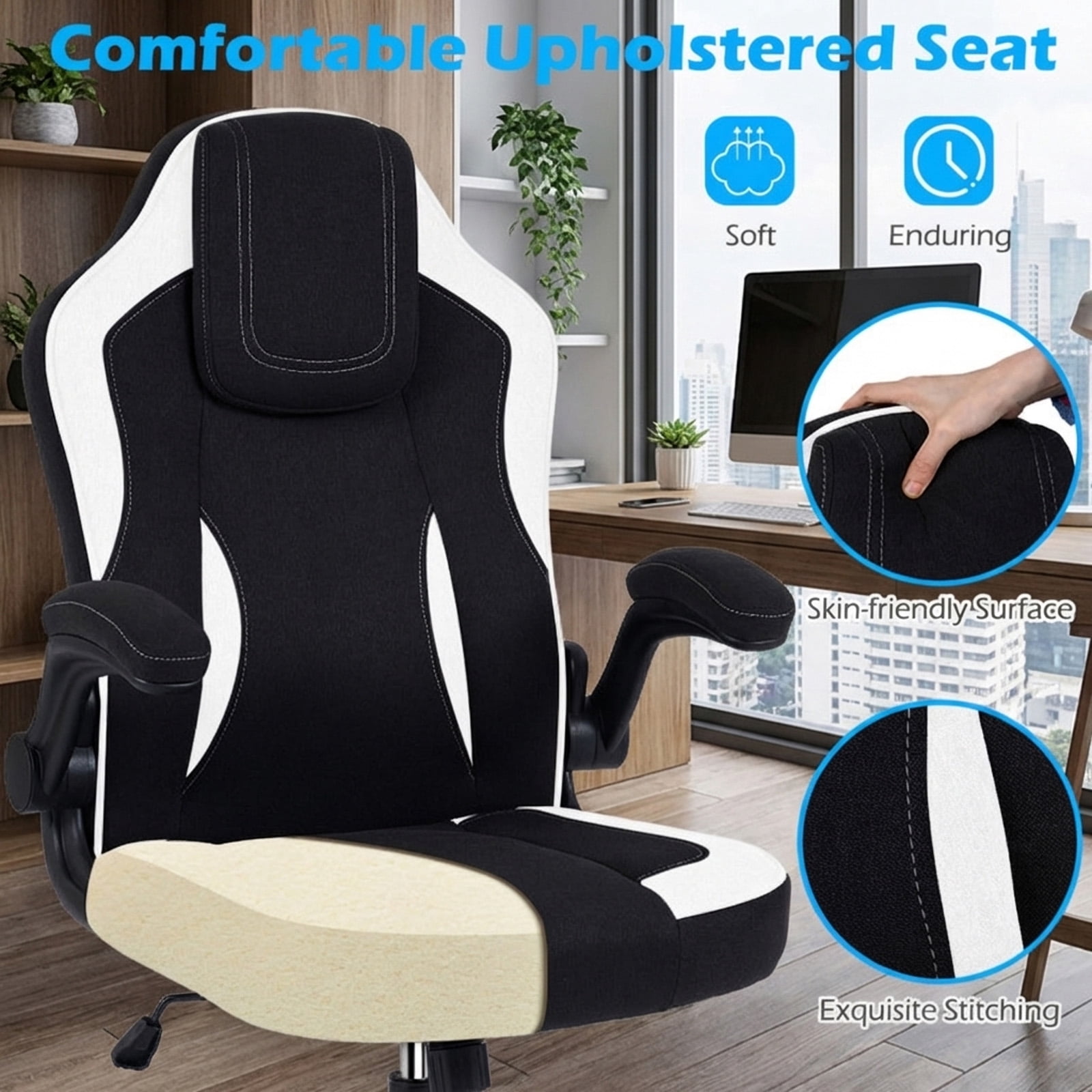 Furnibear Ergonomic Office Chair High Back Executive Desk Chair with Flip-up Armrests, Headrest, Lumbar Support, Computer Chair for Home Office, Black