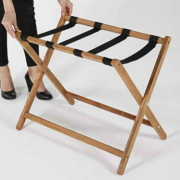 M&T Displays Beech Wood Folding Luggage Rack Travel Suitcase Stand with Woolen Strips for Home Hotel Gym Spa Guest Room 200 lbs Carriage Capacity Dark Wood 18x30 Inches