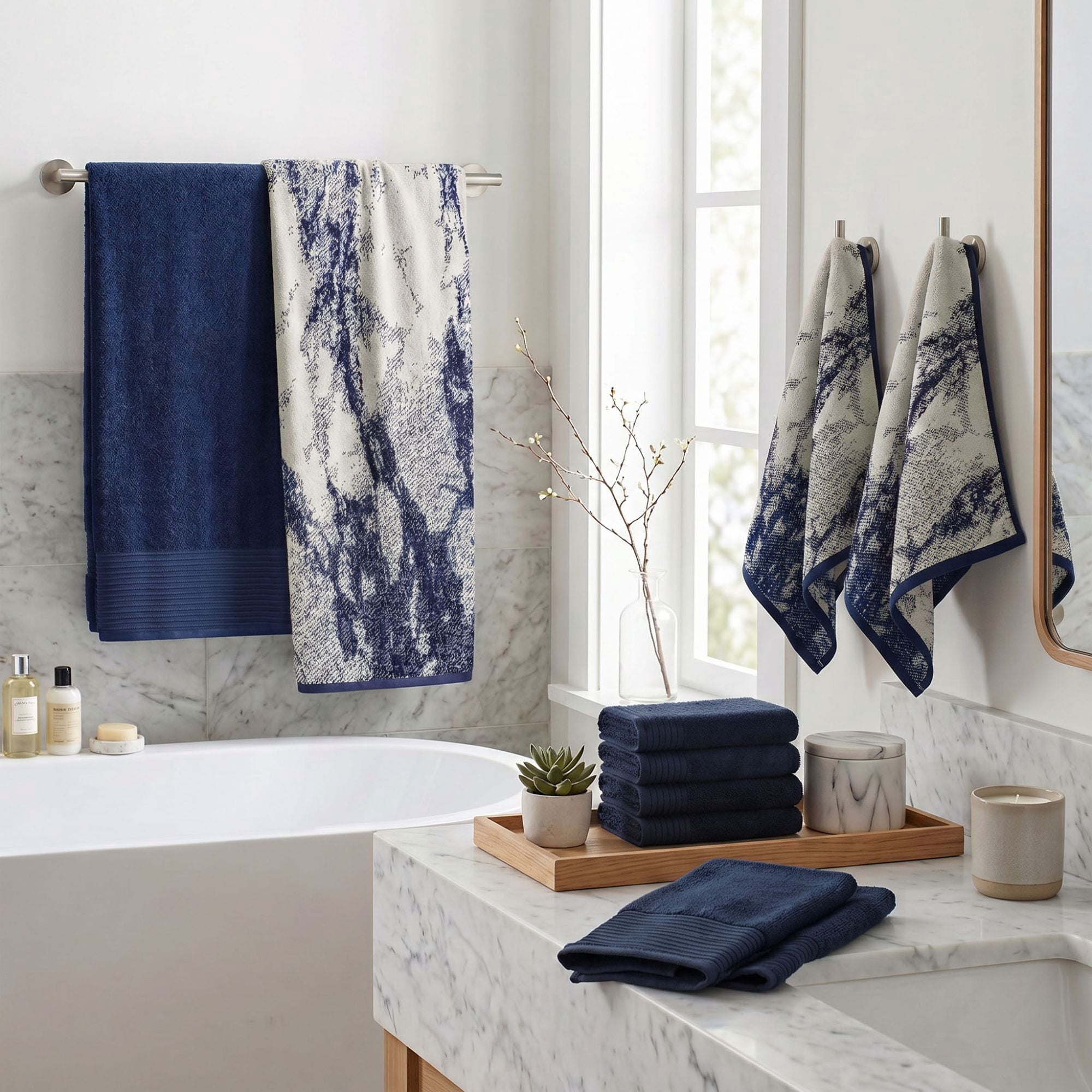 Superior Marble and Solid Jacquard Assorted Cotton 10 Piece Towel Set, Navy Blue - Ivory
