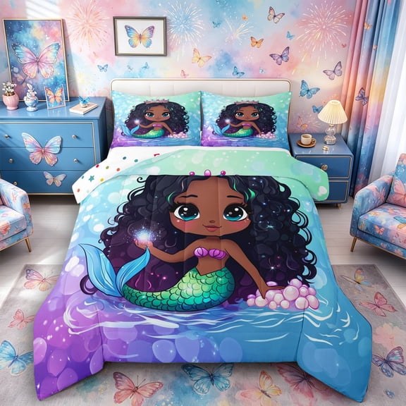 Castle Fairy Cartoon Marine Mermaid Full Size Comforter Sets 3-Piece,Kawaii Ocean Bubbles Bedding Comforter Set,Blue,1 Comforter and 2 Pillowcases