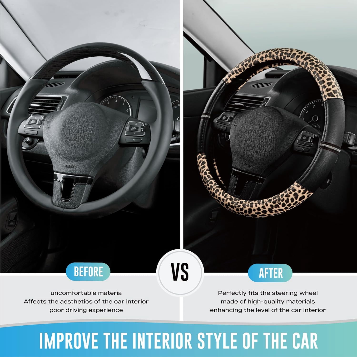 Road Comforts Leopard Steering Wheel Cover - Made with PVC Leather Cheetah Print - Anti-Slip, Universal Fit 14 1/2 inches to 15 inches - Black