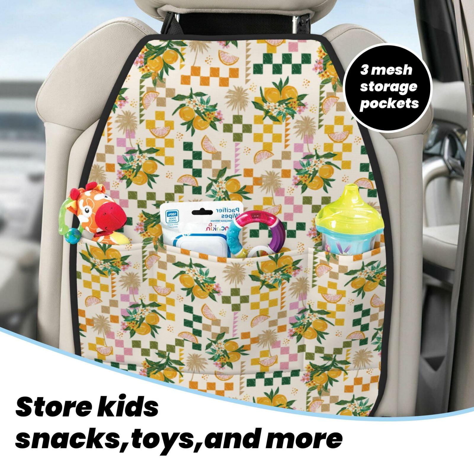 Xecao Fruit Pattern Car Seat Back Protector 2 Pack Large Capacity Pocket, Kick Mats Back Seat Protector