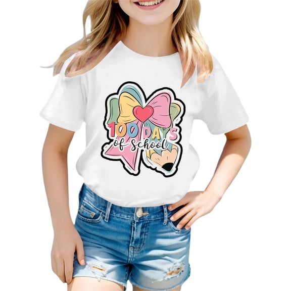oqasdz Girls 100 Days of School Shirt Graphic Short Sleeve Tee for Back To School Kids Cute Round Neck Comfortable Fit Versatile Casual Outdoor