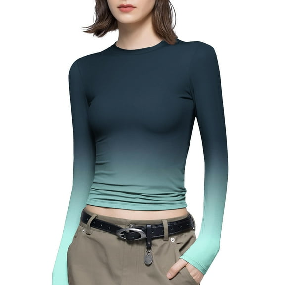 Luxalzxs Women's Fashion Casual Long Sleeve Gradient Color Round Neck T-Shirt Basic Y2K Tight Slim Fit Workout Yoga Shirt