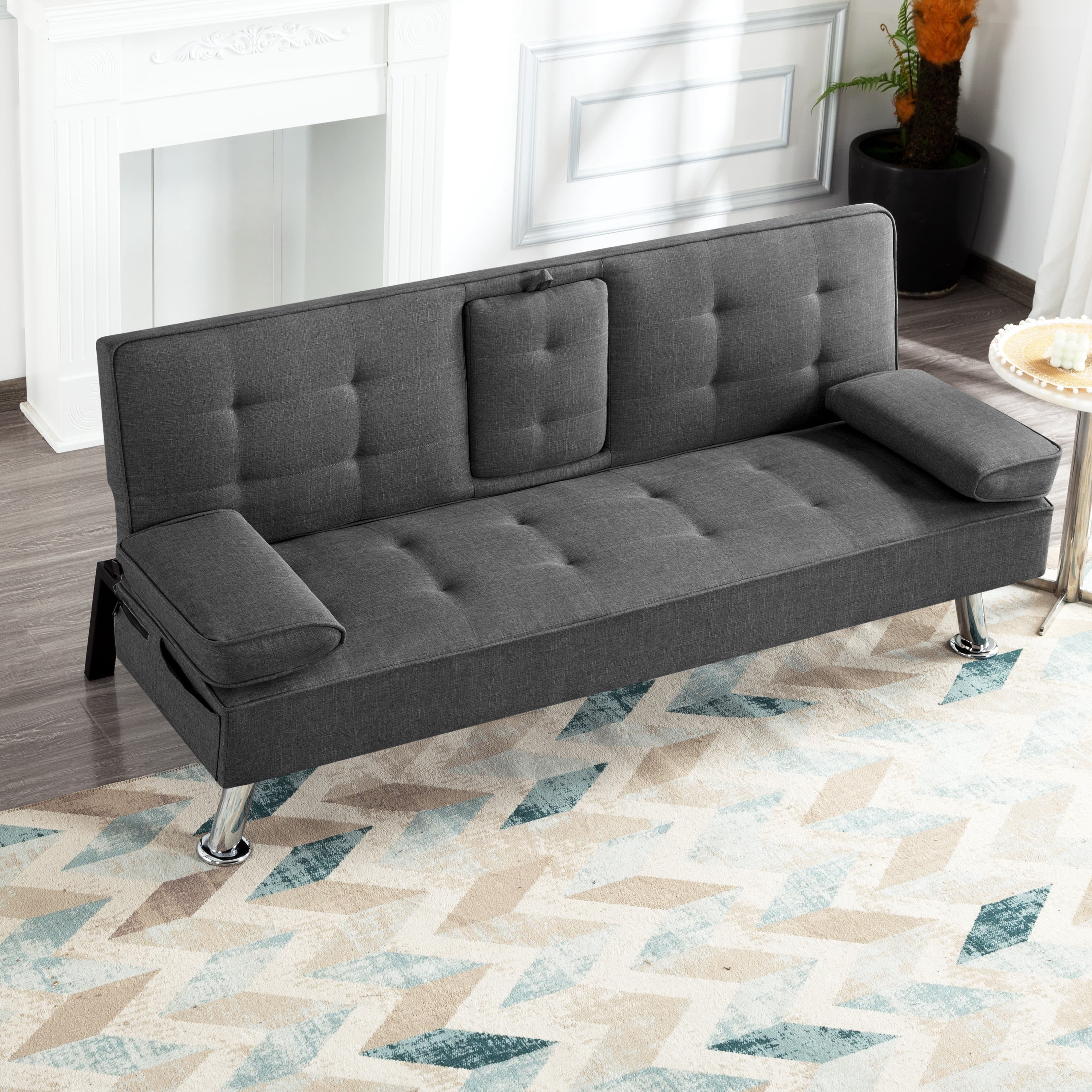 BSHTI Twin Size Futon Convertible Sleeper Sofa Bed,Polyester Upholstery,3 Angles for Adjusting Backrest with 2 Cup Holders,Removable Arm Cushions,Dark Gray