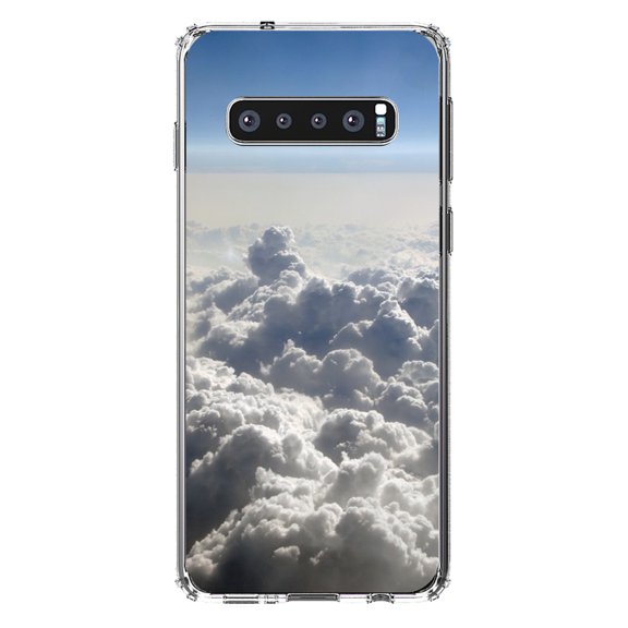 DistinctInk Clear Shockproof Hybrid Case for Samsung Galaxy S10 (6.1" Screen) - TPU Bumper, Acrylic Back, Tempered Glass Screen Protector - Blue Sky Above Clouds