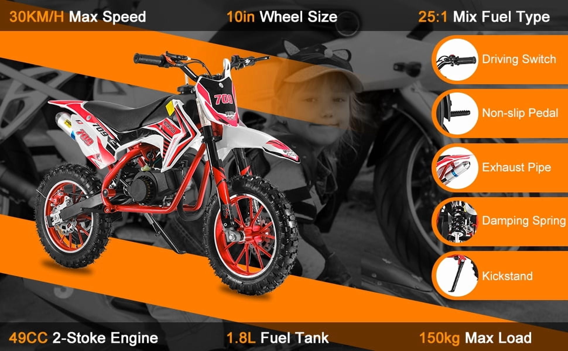 Korogimeeet 49cc 2-Stroke Red Mini Motocross, Gas Powered Off-Road Bike, 10 Inch Anti-Slip Tires, Front Rear Disc Brakes, 30KM/H Max Speed, 1.8L Fuel Tank, 150kg Load, 47 x 28 x 26 Inch