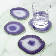 Modern Home Set of 4 Natural Agate Stone Coasters - Purple w/Silver Edge
