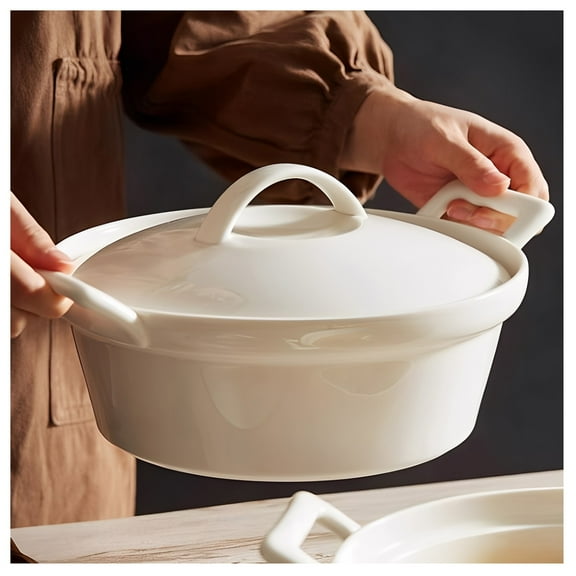 Ceramic soup tureen with lid and ladle, 2000ml serving tureen with large capacity and double handles for soups, stews