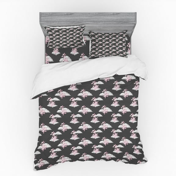 Ambesonne Floral Bedding Set 4 Pcs, Sakura Blossom on Clouds, Queen, Dimgray Pale Pink