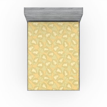 Ambesonne Botanical Fitted Sheet, Overlapped Leaves Plot, King Size, Pastel Brown Pale Green
