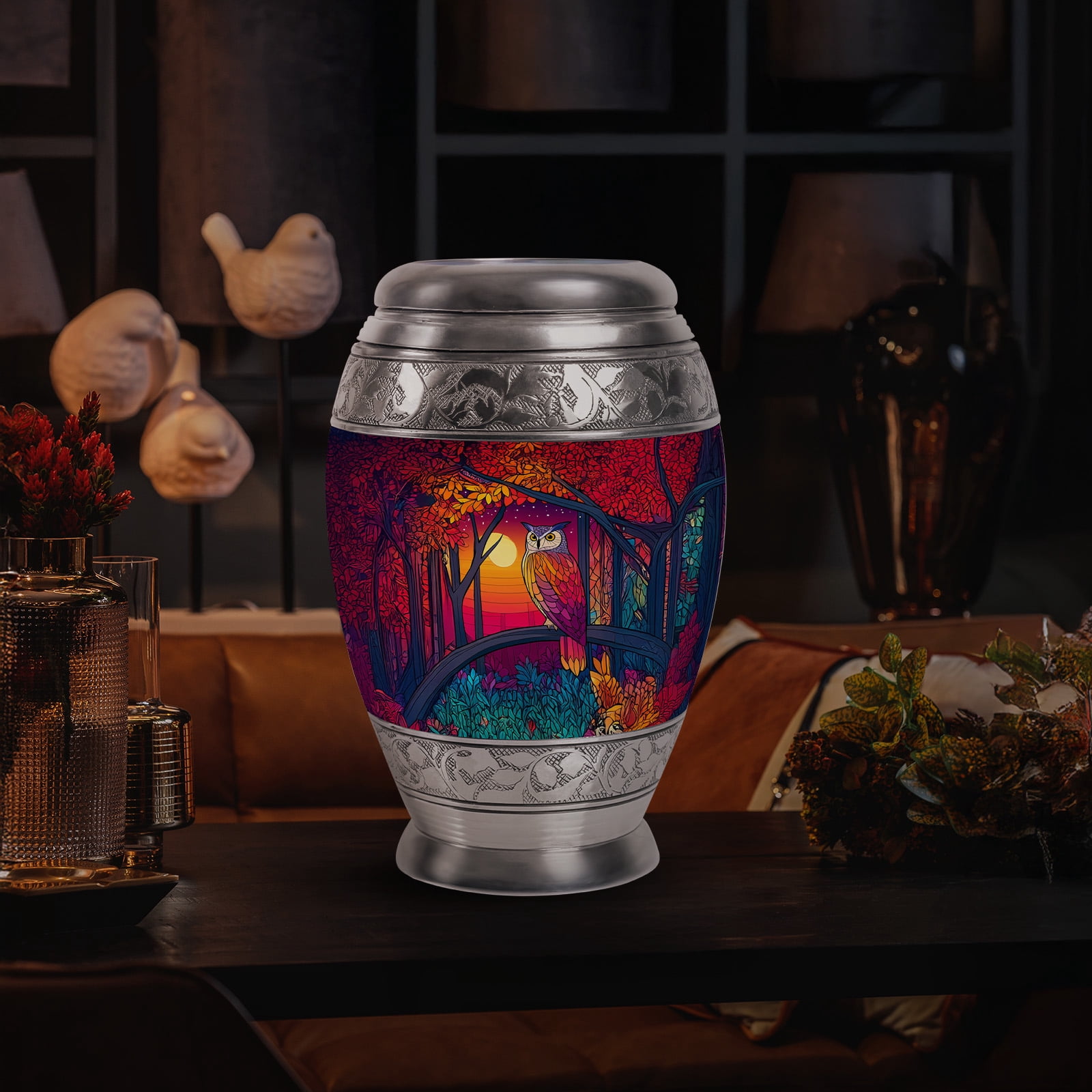 Yatskia Colorful Owl Mini Cremation Urns for Ashes Adult Mother and Father, Large Memorial Urn for Human Ashes Adult, (Monar 10 Inch and 3 Inch)