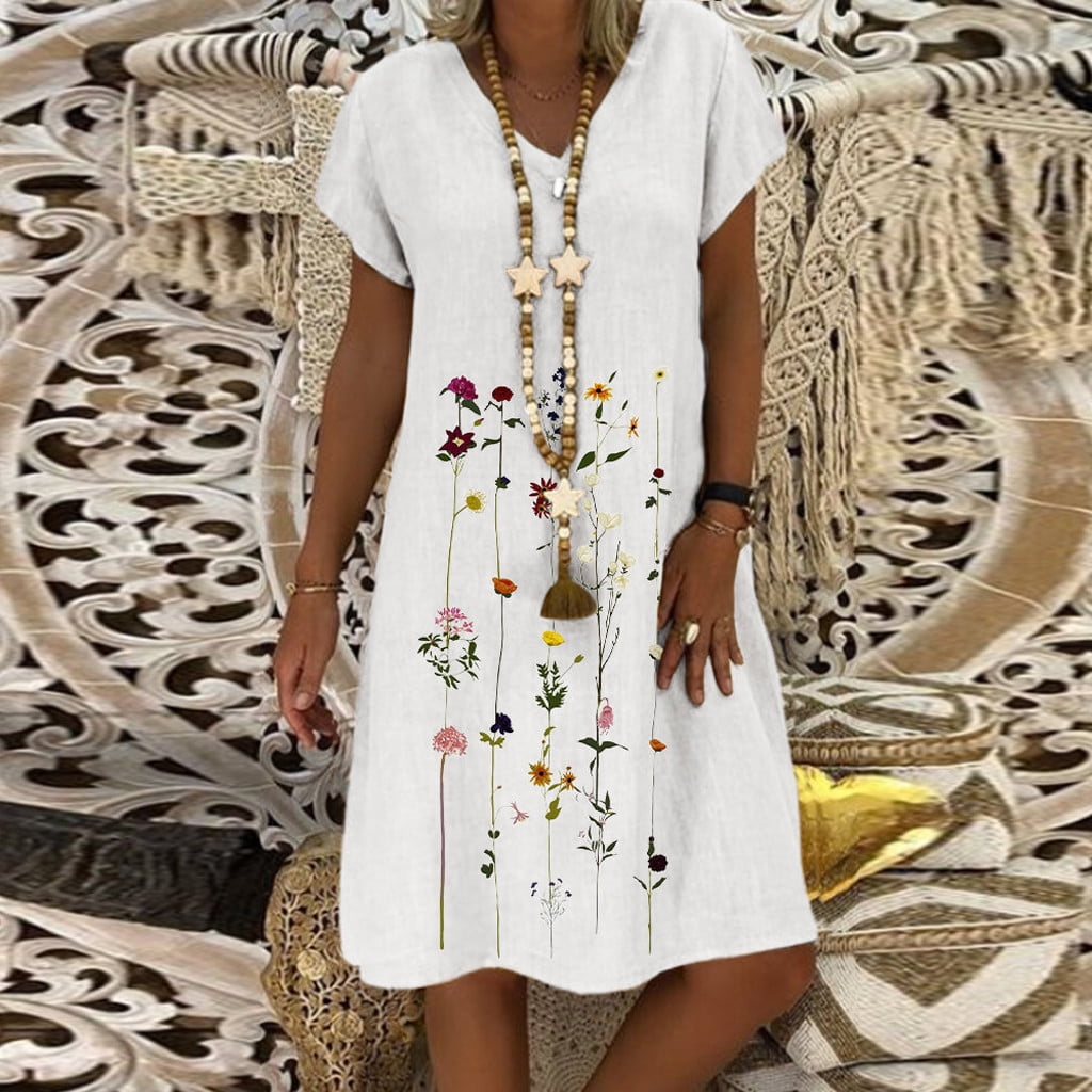 iQKA Women's Plus Size Cotton Linen Shirt Dresses Floral Print Embroidered Short Sleeves V-Neck Casual Short Dress