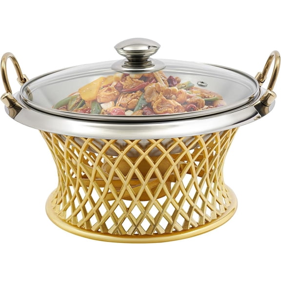 Round Buffet Chafing Dish with Lid-Gold Stainless Steel Serving Food Warmer Stylish Food Heater Tray Buffet for Party Restaurant