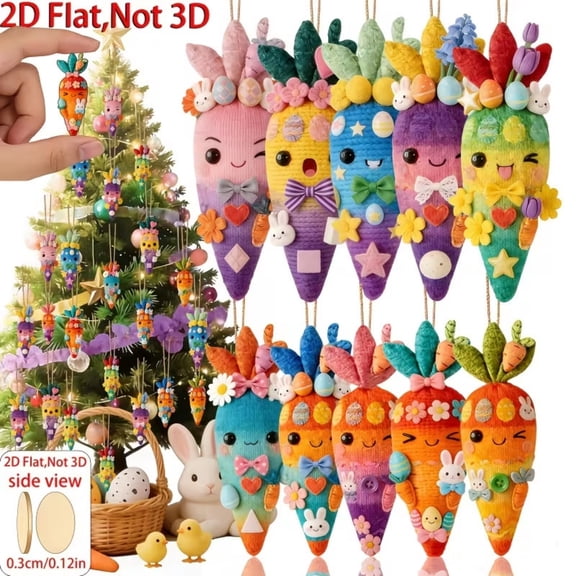 Beautynvta 10 Pcs Easter Carrot Ornaments, 2D Flat Wooden Carrot Ornaments, Cute Colorful Carrot Pendant with Bunny and Egg Accessories for Small Tree Home Decor