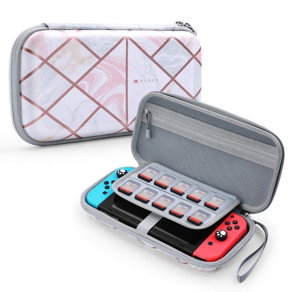 Mumba Carrying Case for for Nintendo Switch OLED & Nintendo Switch, Deluxe Ulta Slim Hard Shell Travel - holds 10 Game Cartridges -Pink Marble