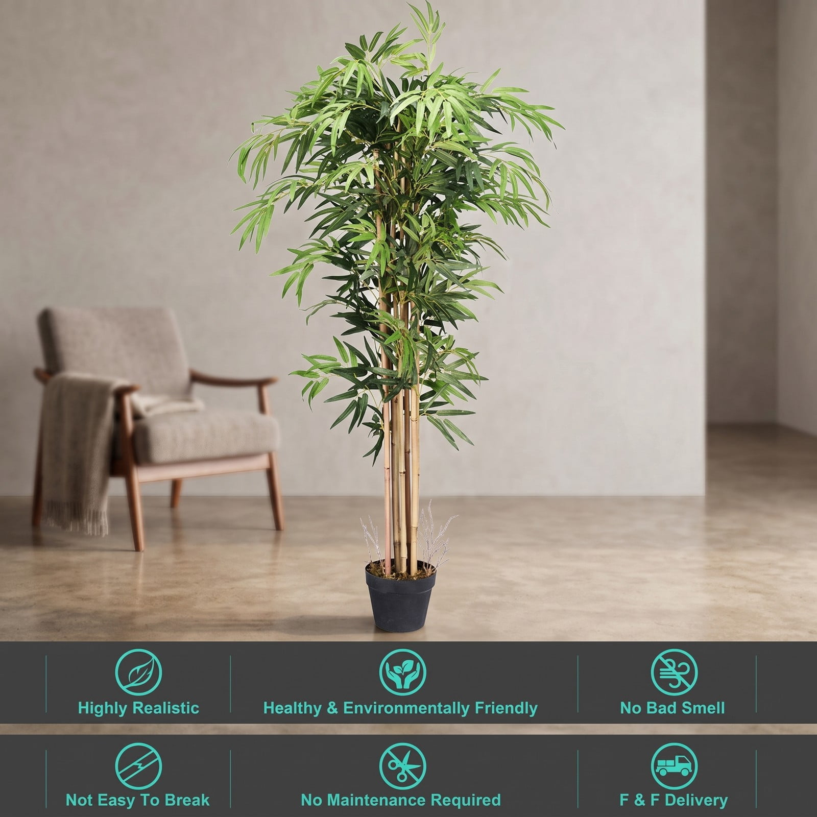 ALPULON 5FT Artificial Bamboo Silk Tree Faux Plant with Plastic Planter Pot for Indoor Outdoor Home Office Decor, Green