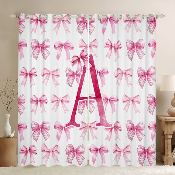 jejeloiu Letter A Monogrammed Black Out Curtains,Bowknot Bow Ribbon Curtains Pack of 2 (42x63 Each),Pink White Bedroom Curtains For Girls,Microfiber Room Decorative