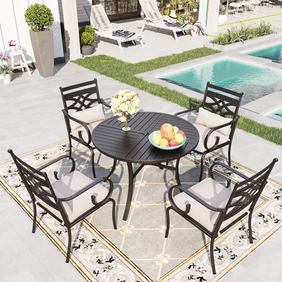 Sophia&William 5-Piece Outdoor Patio Dining Set Metal Cushioned Chairs and 42" Round Table Set with Cushion, Beige