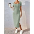 thumbnail image 6 of Women 2025 Summer Ribbed Short Sleeve Bodycon Maxi Dress Side Slit Knit Square Neck Long Sundress Green M, 6 of 8