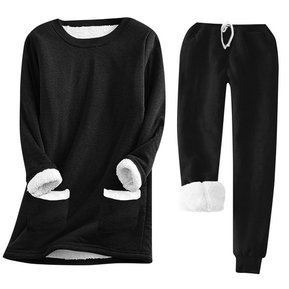 DHFJKG Women's Thermal Outfits Sweatshirt Set With Thick Fuzzy Lining Mid-Length Solid Color Loose Fit Tops Ankle-Tied Pants For Fall/Winter Comfort 2 Piece Sets