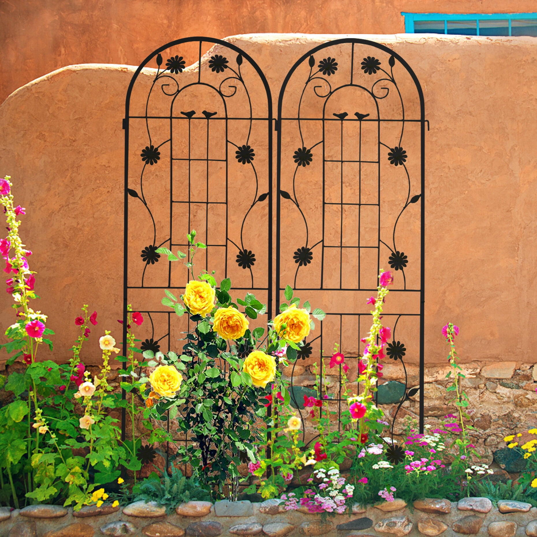 2 Pack Metal Garden Trellis 71" Tall Rustproof Outdoor Plant Support for Climbing Vines Roses Ivy Cucumbers Black Flower Grid with Easy Assembly