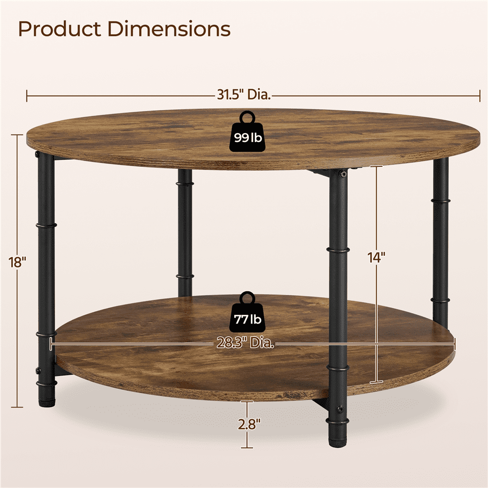 Alden Design 2 Layer Round Coffee Table with Metal Frame, Rustic Brown