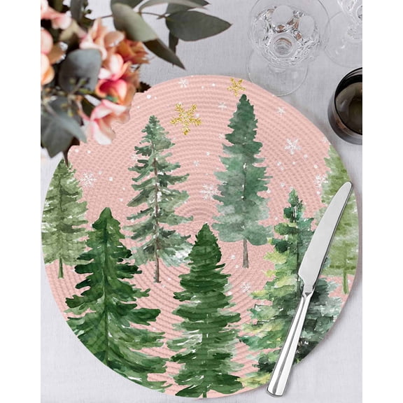 15 Inch Round Placemats Set of 6, Pink Christmas Tree Non Slip Heat Insulation PP Table Mats, Winter Watercolor Gold Snowflakes Washable Place Mats for Kitchen Dining Party Table Decor