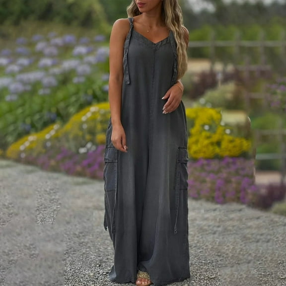 GZWYHT Rompers for Women Overalls for Women Overalls For Women Casual Solid Color Sleeveless Suspender Jumpsuits V Neck Loose Trendy Rompers Lounge Sets for Women Casual Jumpsuits for Women Black L