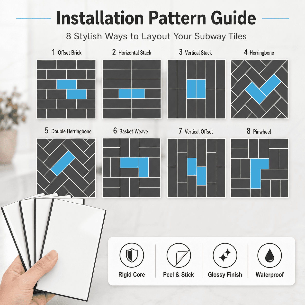 Yeslife 102-Pack Peel and Stick Backsplash Tile, 3" x 6" Glossy White PVC Waterproof Subway Wall Tiles for Kitchen & Bathroom, 12.75 Sq Ft