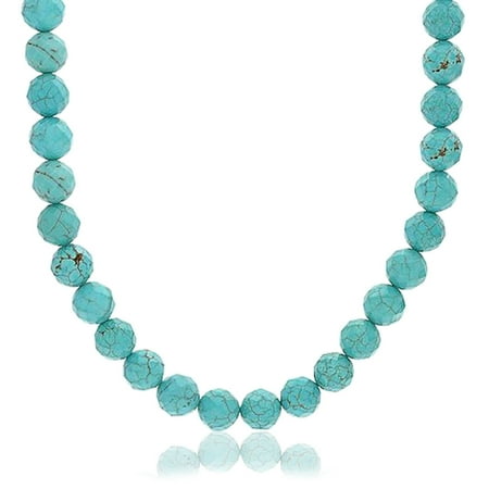 Blue Compressed Turquoise Round Gem Stone 10MM Bead Strand Necklace For Women For Men Silver Plated Clasp 18 Inch