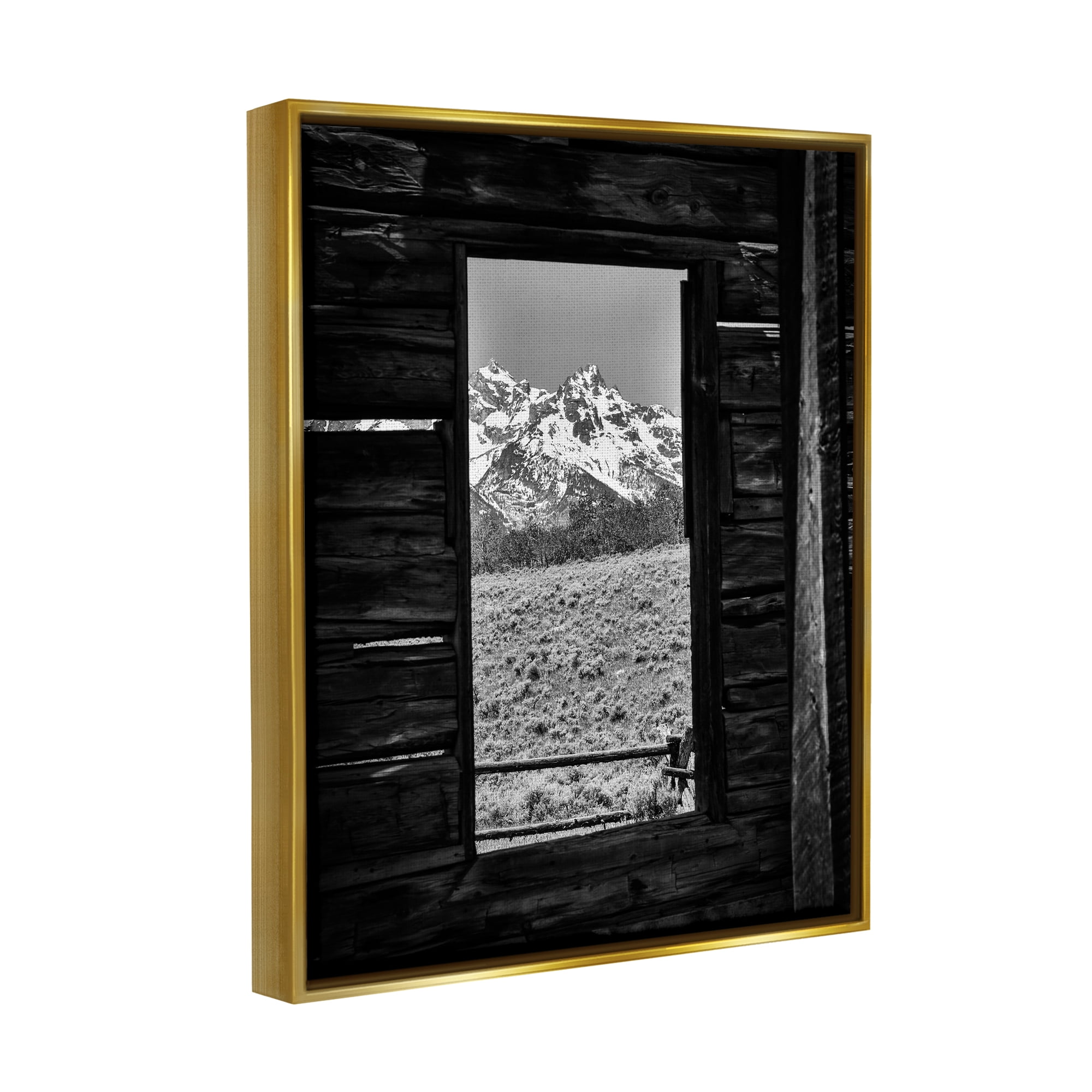 Stupell Industries Mountain in Cabin Window Landscape Photography Gold Floater Framed Canvas Art Print Wall Art, 17 x 21