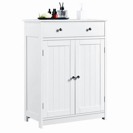 YKITRD Bathroom Floor Storage with Drawer Pantry Kitchen Cabinet Furniture White
