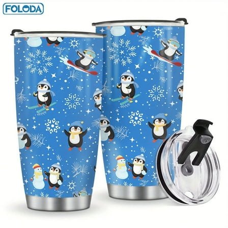 Foloda 1pc Christmas Penguins Gift, 20oz Christmas Gifts Blue Penguins Mug Tumbler Stainless Steel Travel Coffee Mug Insulated Tumbler with Lid Xmas Decoration Birthday Christmas Gift for Women Men F