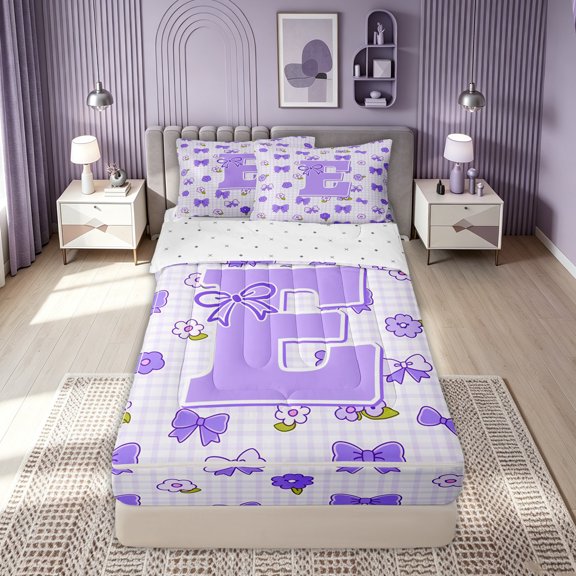 meiyoeat Cute Bow Letter E Zipper Comforter Set with Fitted Sheet and 2 Pillowcases, Floral Plaid Zipper Bedding Set for Kids Girls, Purple, Reversible, 3 Pieces