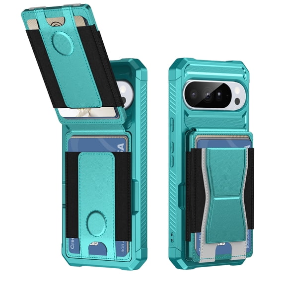 for Google Pixel 10 /10 Pro Case, Flip Back Card Holder Case with Elastic Slot, Kickstand Slim Phone Case, Shockproof Protective Cover, Anti-Scratch Lightweight Drop Protection Case, Green