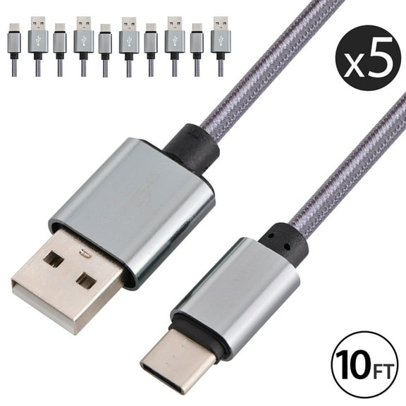5x 10FT USB Type C Cable Fast Charging Cable USB-C Type-C 3.1 Data Sync Charger Cable Cord For Samsung Galaxy S9 S9  Galaxy S8 S8 Plus Nexus 5X 6P OnePlus 2 3 LG G5 G6 V20 HTC M10 Google Pixel XL