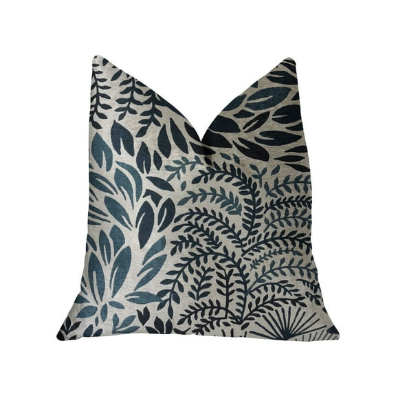 Plutus Leaf Snap Blue and Beige Luxury Throw Pillow