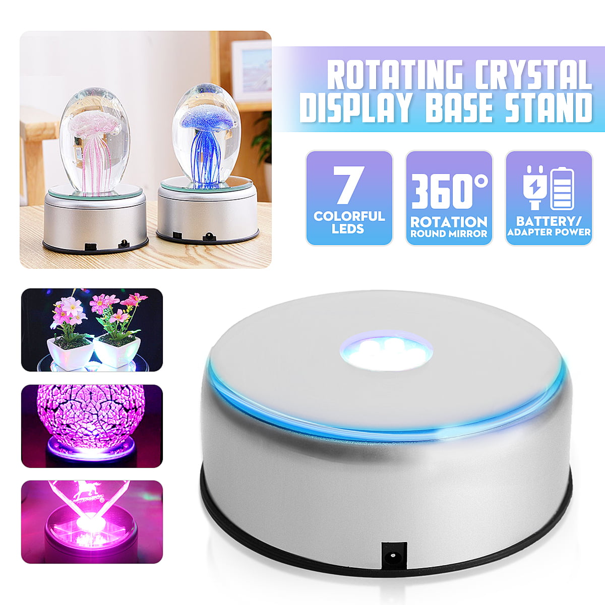 4" Unique 360° Rotating 7 LED Rpund Light Crystal Display Stand Base Holder 