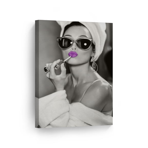 Smile Art Design Audrey Hepburn Wall Art Purple Lips Canvas Print Lipstick Makeup Iconic Pop Art Pretty Beauty Black and White Wall Art Living Room Bedroom Wall Decor Artwork Ready to Hang - 17x11