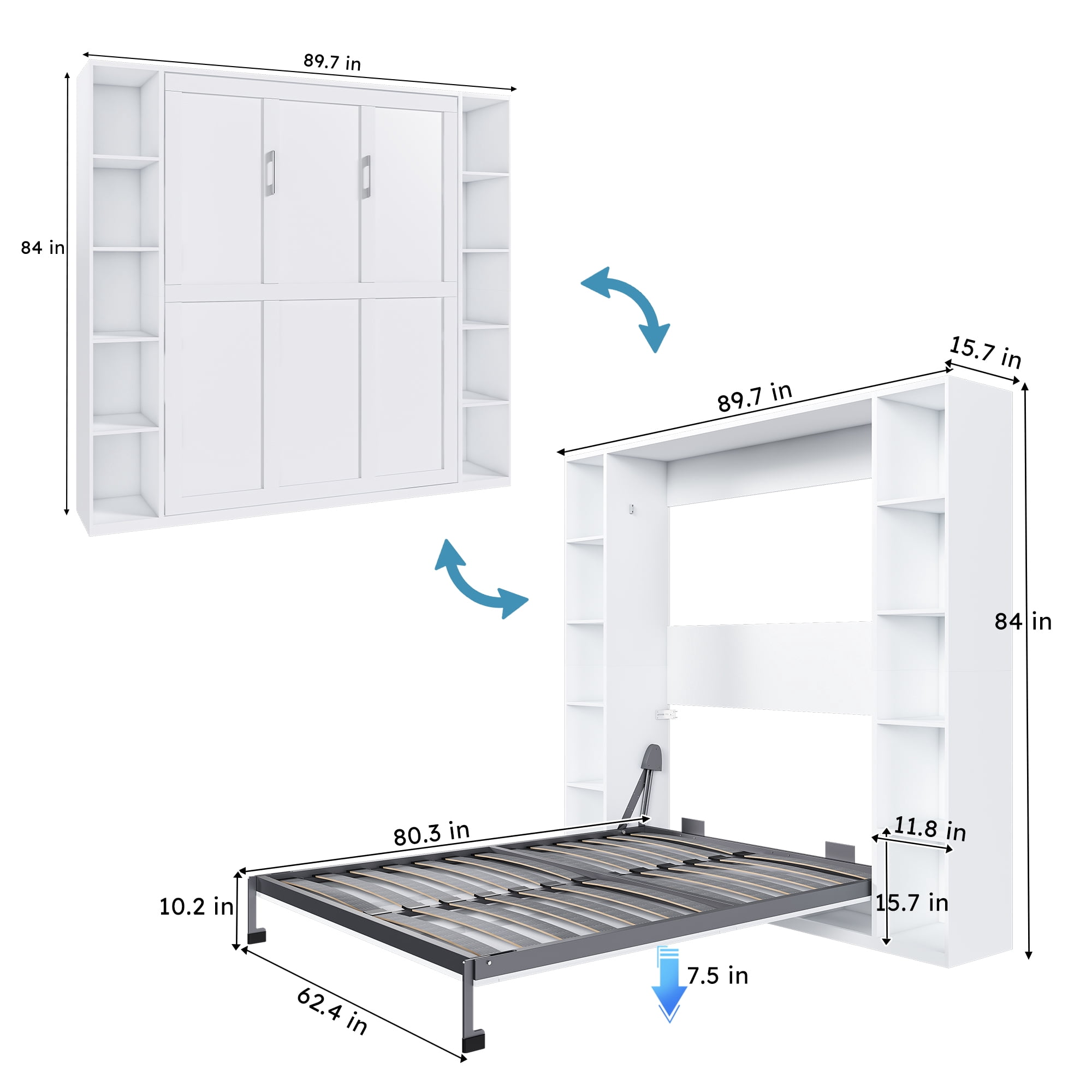 Mintazer Queen Size Murphy Bed with Storage Shelves, Hidden Foldable Wall Bed Frame with Wall Cabinet for Bedroom Guest Room, White