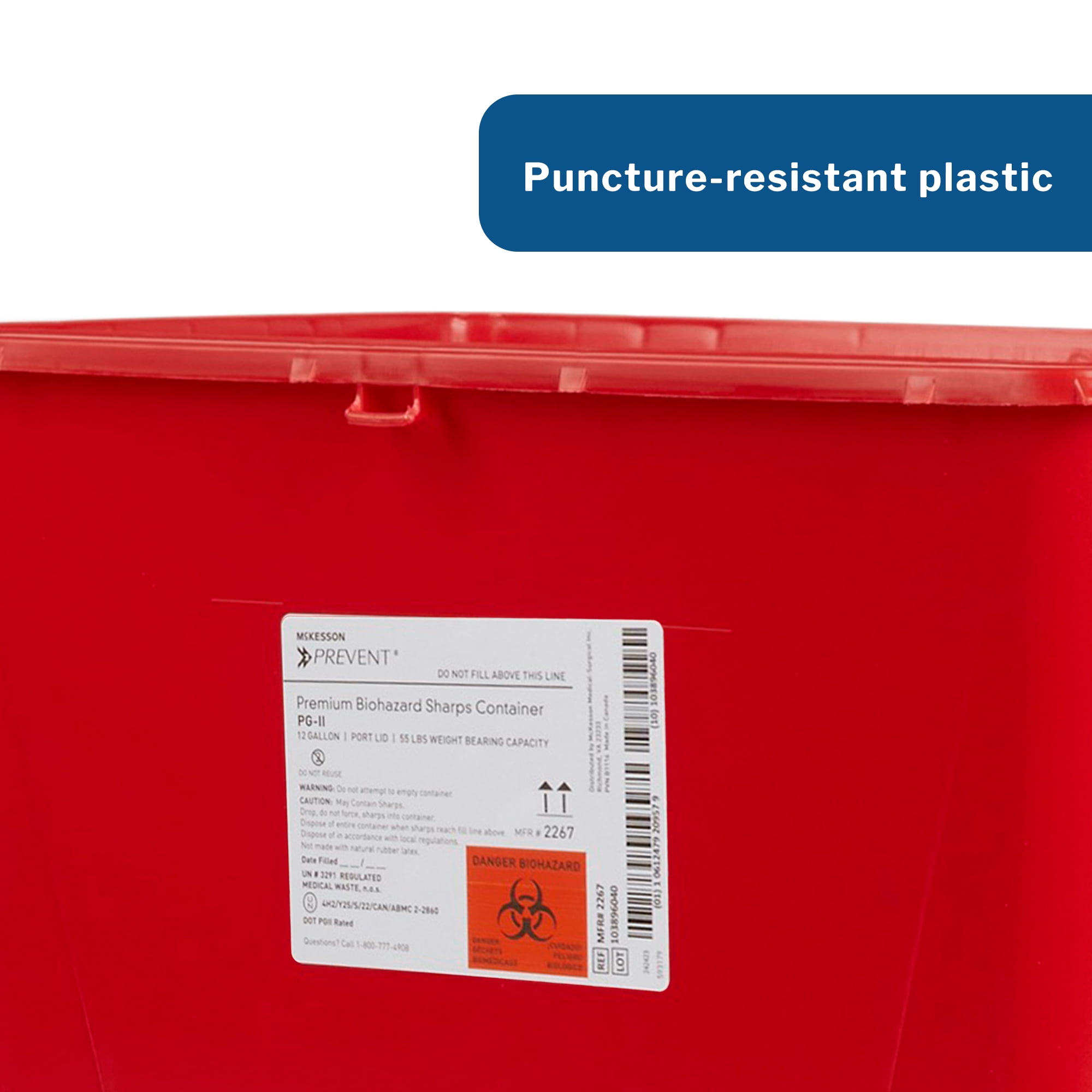 McKesson Prevent Biohazard Sharps Container, Premium - PG-II, Plastic, Vertical Entry, Rotating Lid - Red, 12 gal, 13 in x 17 3/10 in x 20 4/5 in, 1 Ct
