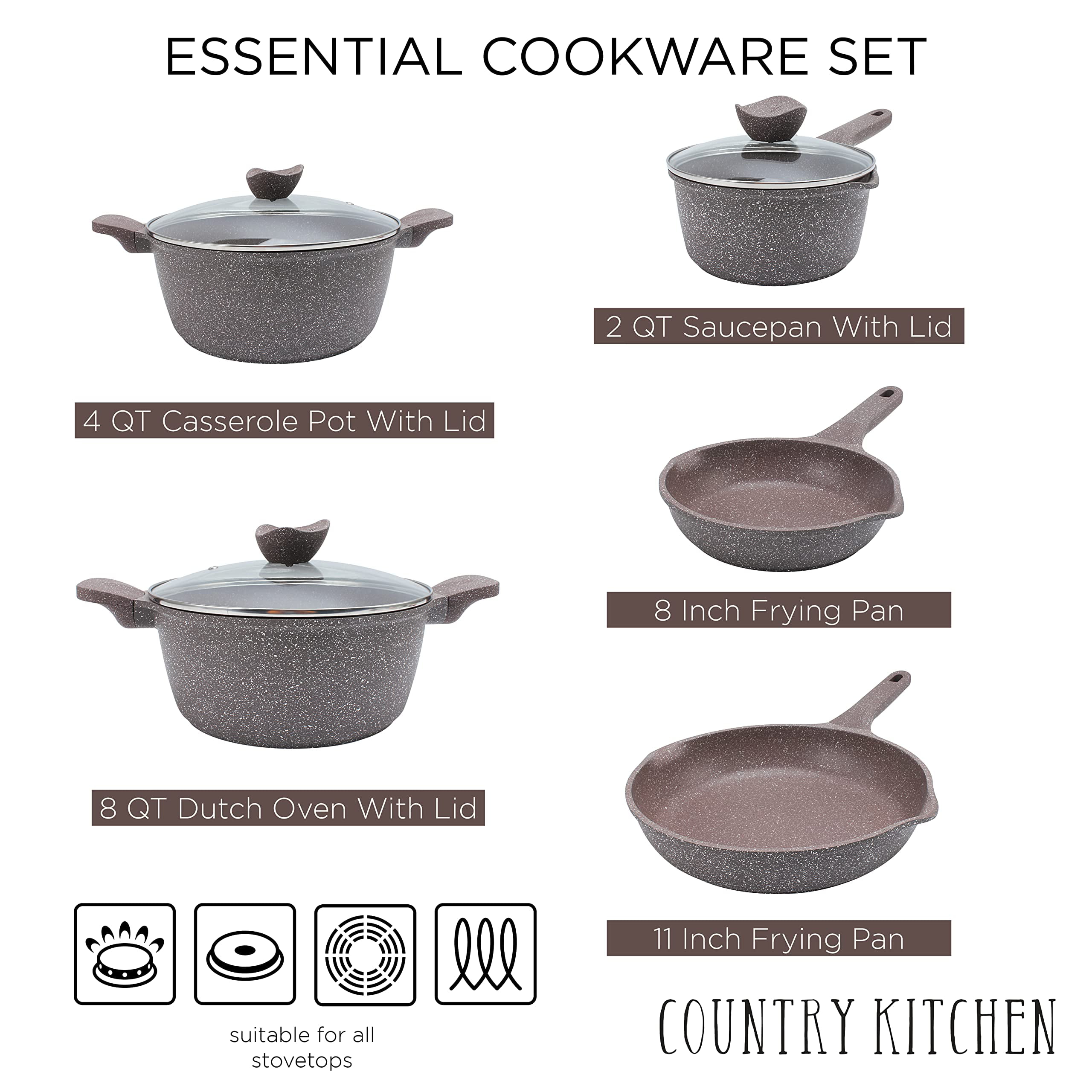 Country Kitchen country kitchen induction cookware sets - 13 piece nonstick  cast aluminum pots and pans with bakelite handles, glass lids (na