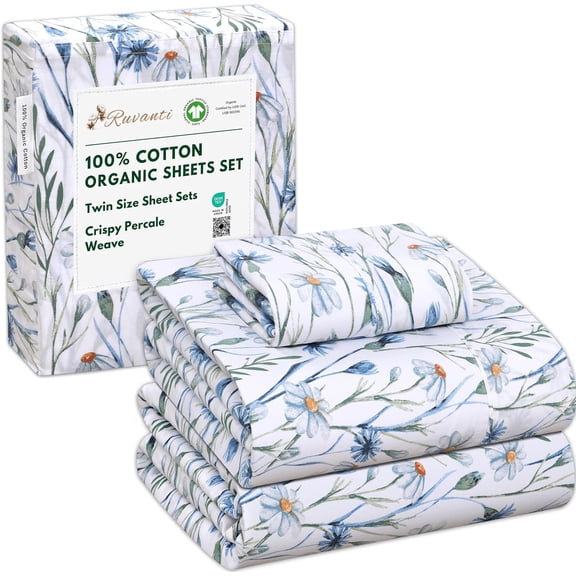 RUVANTI 100% Organic Cotton Sheets - Twin Sheet Set - 3 Piece Percale Weave Bedding, Crisp, Cooling & Breathable, Soft & Durable, 16" Deep Pocket, Hotel Quality Sábanas - Daisy Bud
