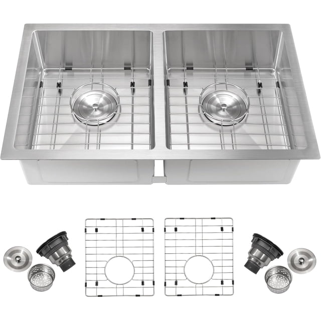 33x19 In Undermount Double Bowl Kitchen Sink 16 Gauge 304 Stainless Steel Flat Bottom 10 In Deep with Grid and Drain Kit
