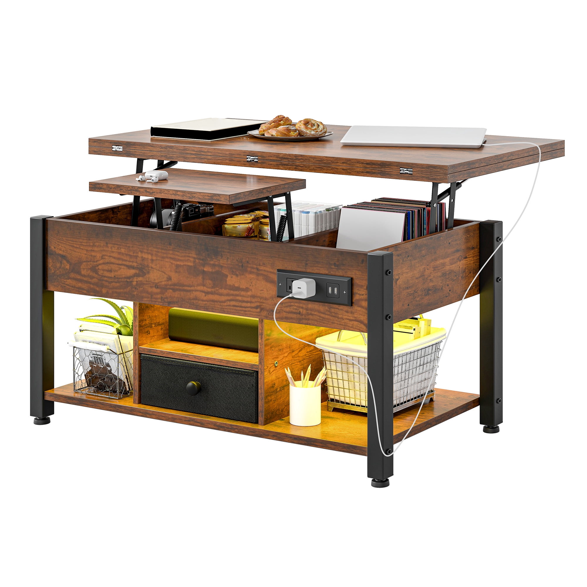 Uforic 4-in-1 Lift Top Coffee Table with RGB Light, Storage, Power Outlets, Dual Tops, Brown