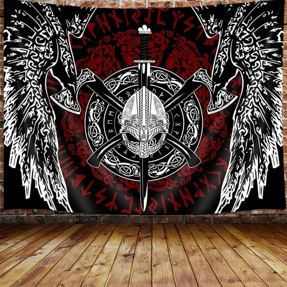 Viking Norse Tapestry, Cool Odins Ravens Axe Tapestry Wall Hanging for Men Bedroom, Vintage Norwegian Mythology Pagan Black And White Tapestries Poster Blanket College Dorm Home Decor 60X40inches